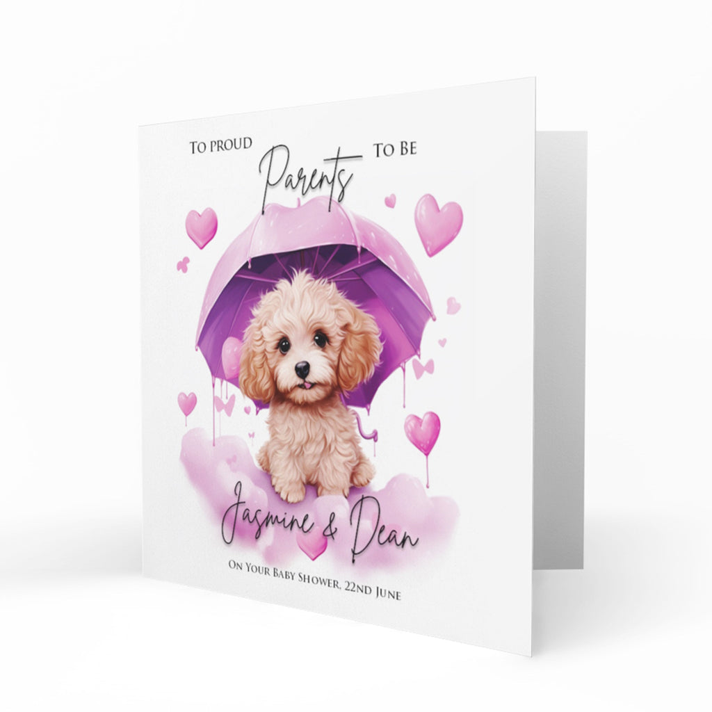 Personalised Baby Shower Card - Puppy under a Purple Umbrella