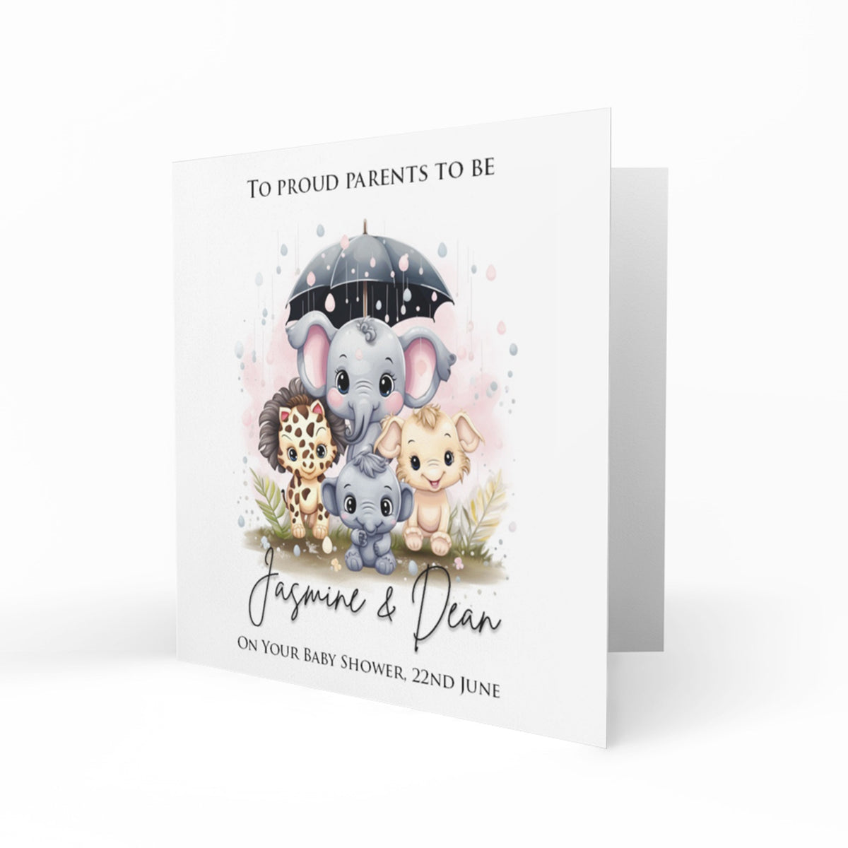 Personalised Baby Shower Card - Baby Animals under an Umbrella
