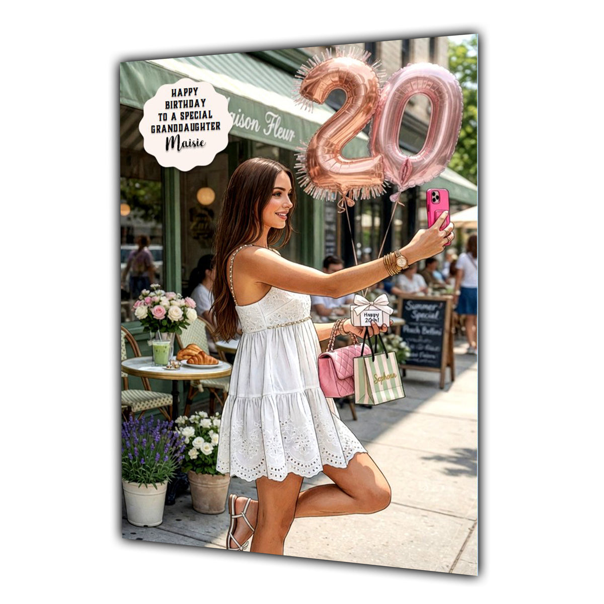 Personalised 20th Birthday Card - Woman Taking a Selfie Outside a Cafe - Brown Hair
