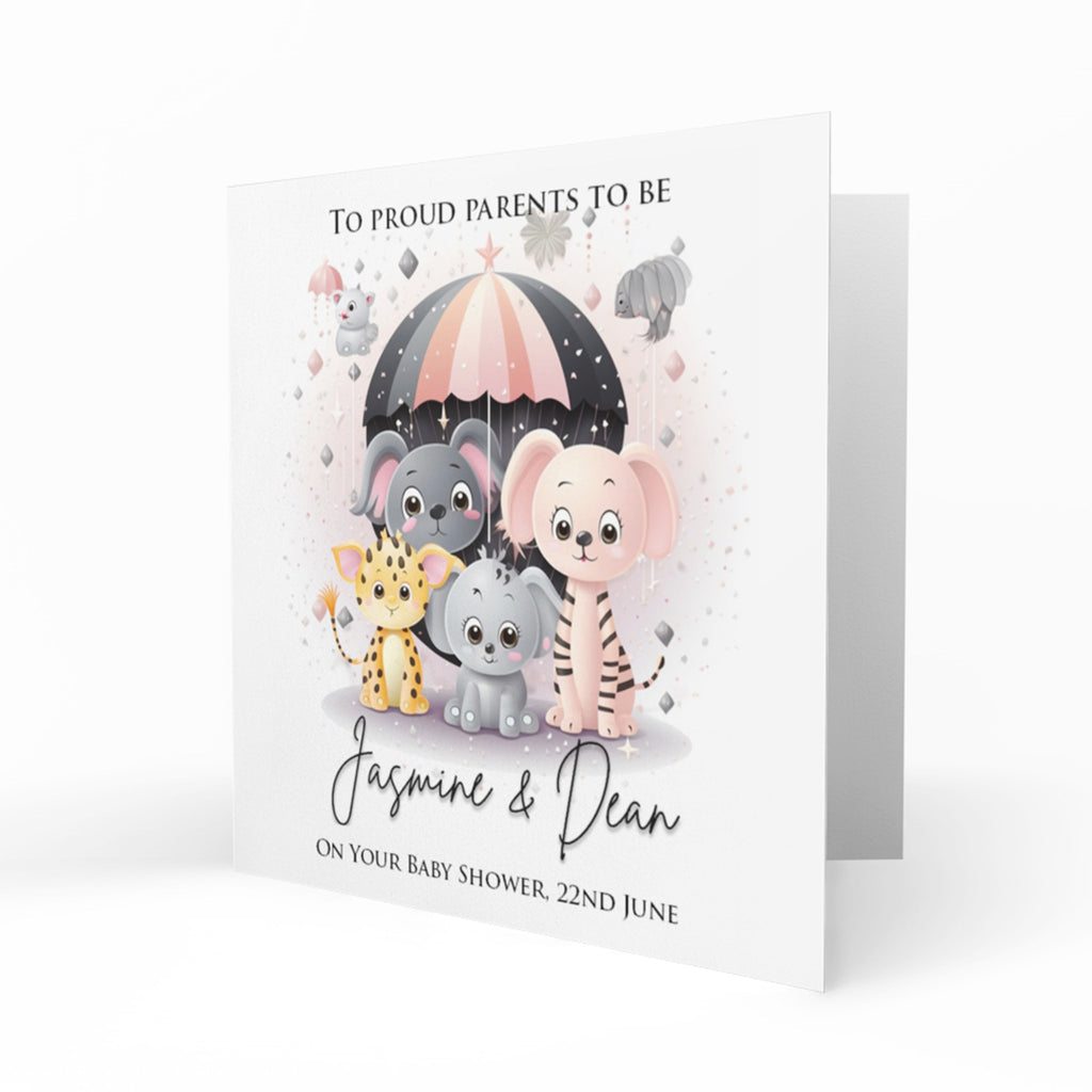 Personalised Baby Shower Card - Baby Animals under an Umbrella