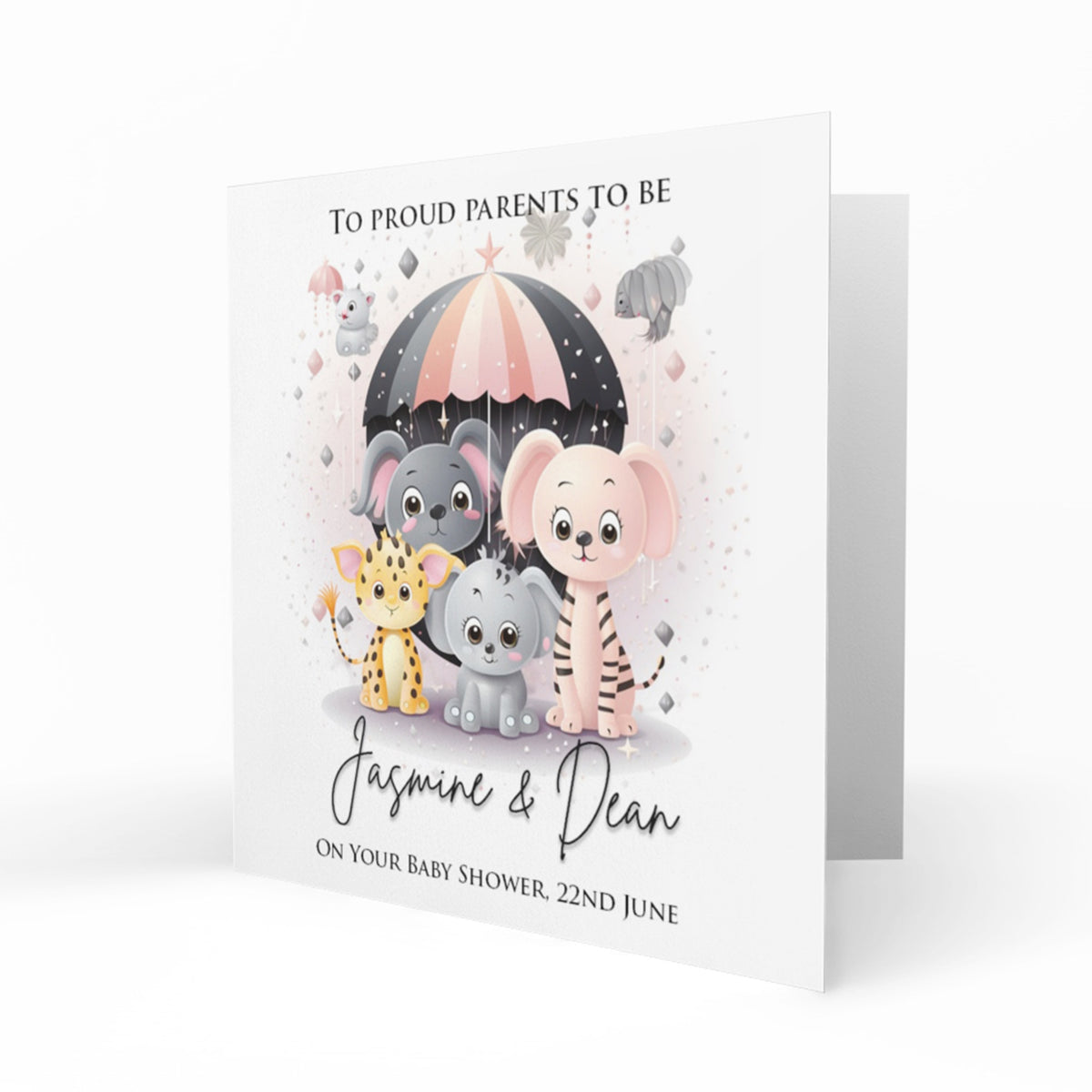 Personalised Baby Shower Card - Baby Animals under an Umbrella