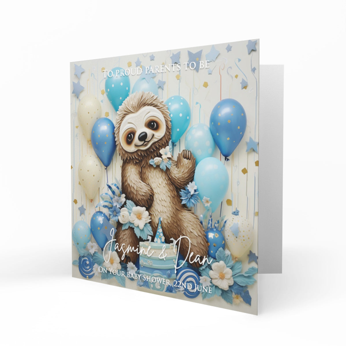 Personalised Baby Shower Card - Sloth with Blue Balloons
