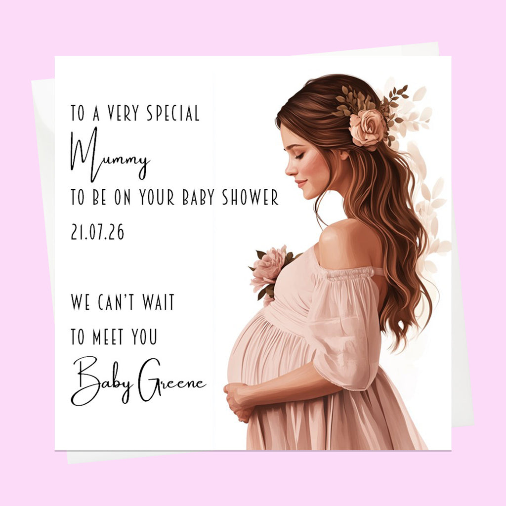 Personalised Baby Shower Card - Mum to Be in a Pink Dress - Brown Hair