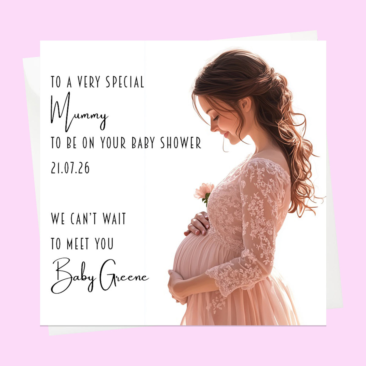 Personalised Baby Shower Card - Mum to Be in a Pink Dress - Brown Hair