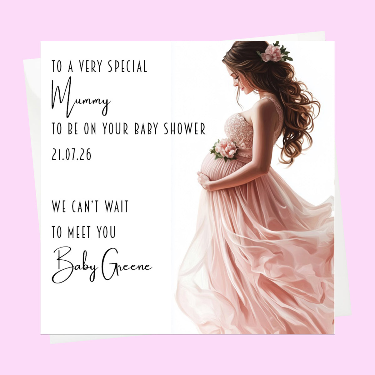 Personalised Baby Shower Card - Mum to Be in a Pink Dress - Brown Hair