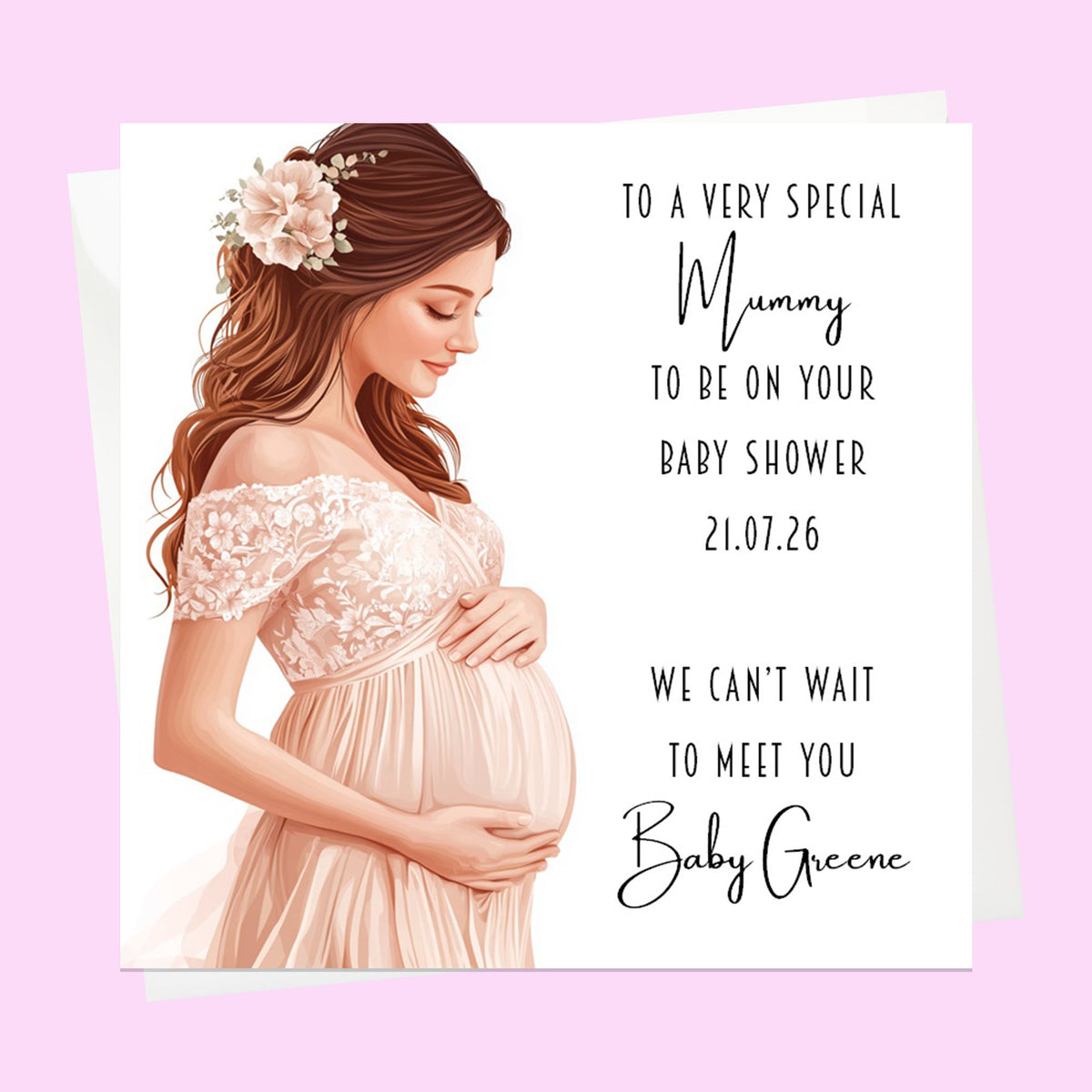 Personalised Baby Shower Card - Mum to Be in a Pink Dress - Brown Hair