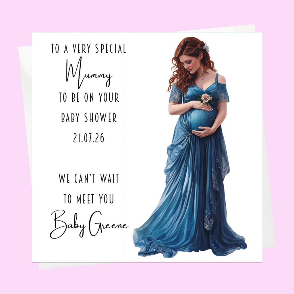 Personalised Baby Shower Card - Mum to Be in a Blue Dress - Brown Hair