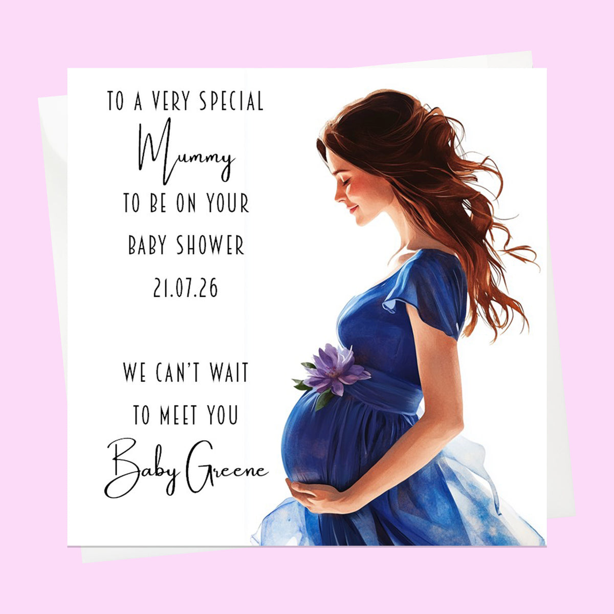 Personalised Baby Shower Card - Mum to Be in a Blue Dress - Brown Hair
