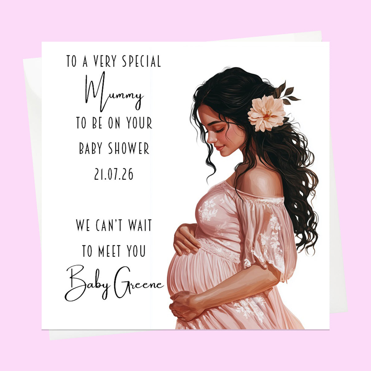 Personalised Baby Shower Card - Mum to Be in a Pink Dress - Black Hair