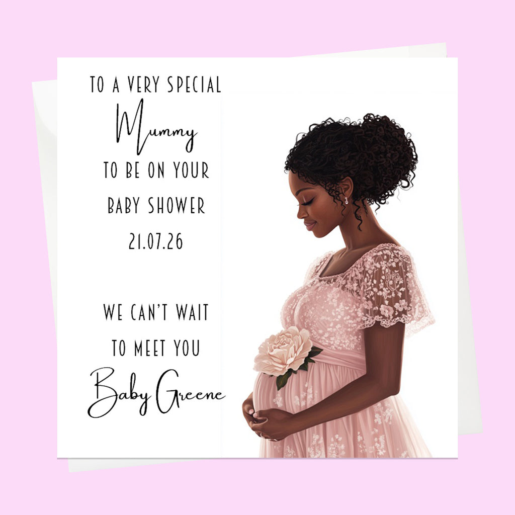 Personalised Baby Shower Card - Mum to Be in a Pink Dress - Black Hair