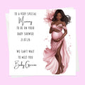 Personalised Baby Shower Card - Mum to Be in a Pink Dress - Black Hair