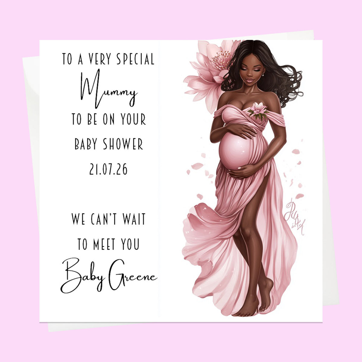 Personalised Baby Shower Card - Mum to Be in a Pink Dress - Black Hair