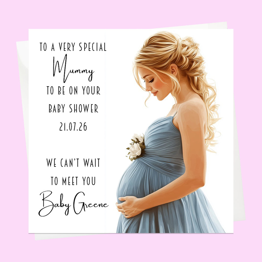 Personalised Baby Shower Card - Mum to Be in a Blue Dress - Blonde Hair