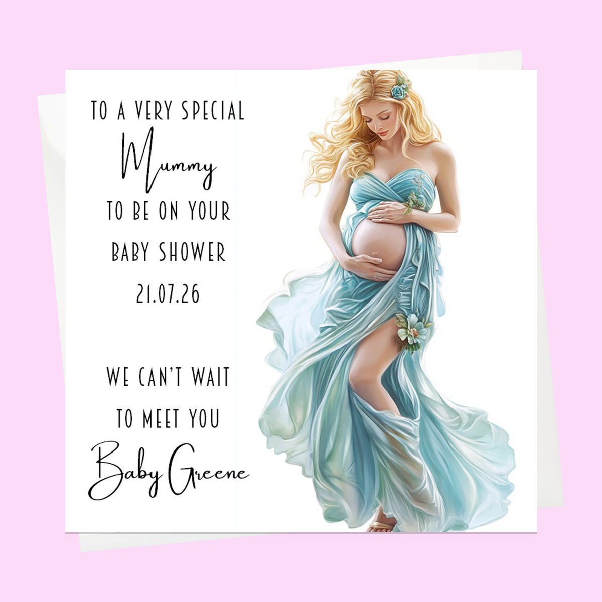 Personalised Baby Shower Card - Mum to Be in a Blue Dress - Blonde Hair