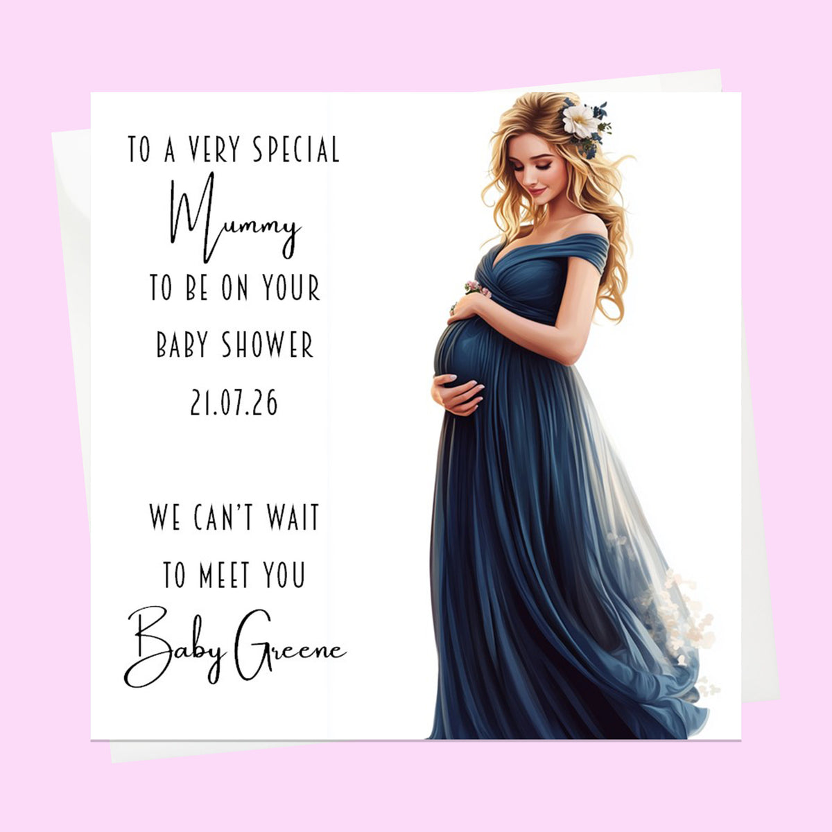 Personalised Baby Shower Card - Mum to Be in a Blue Dress - Blonde Hair