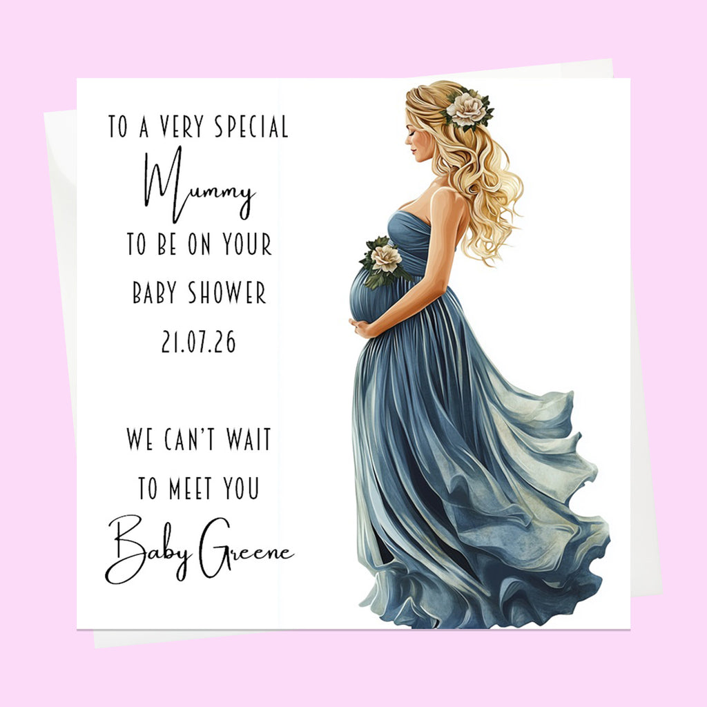 Personalised Baby Shower Card - Mum to Be in a Blue Dress - Blonde Hair