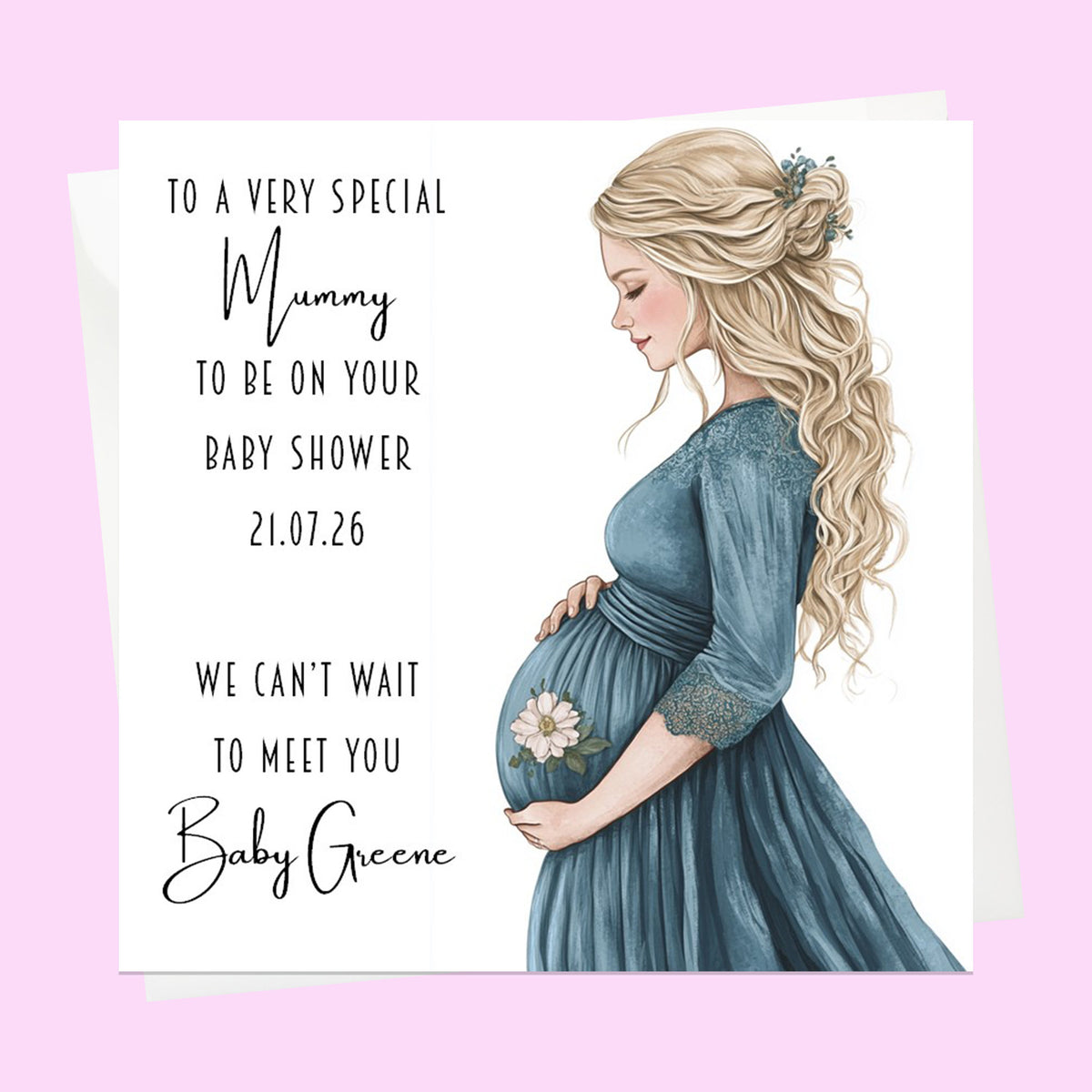Personalised Baby Shower Card - Mum to Be in a Blue Dress - Blonde Hair