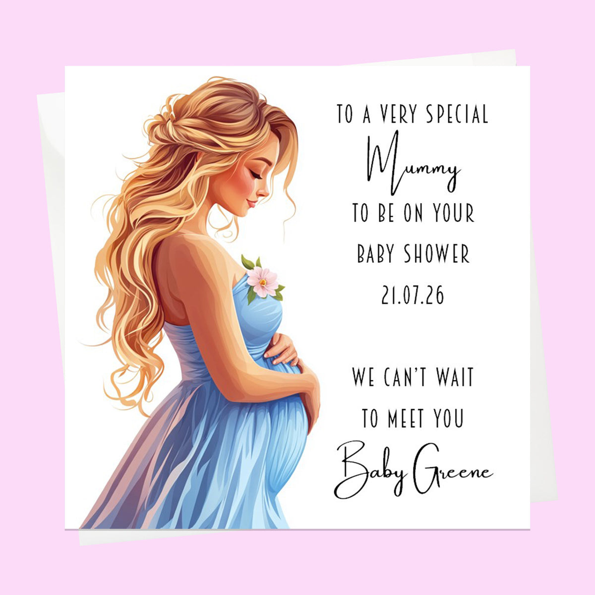 Personalised Baby Shower Card - Mum to Be in a Blue Dress - Ginger Hair