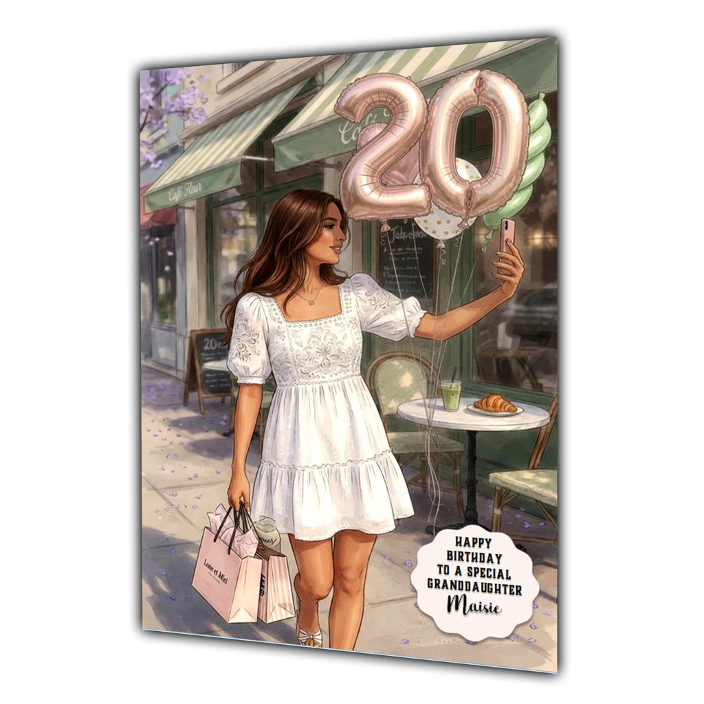 Personalised 20th Birthday Card - Woman Taking a Selfie Outside a Cafe - Brown Hair