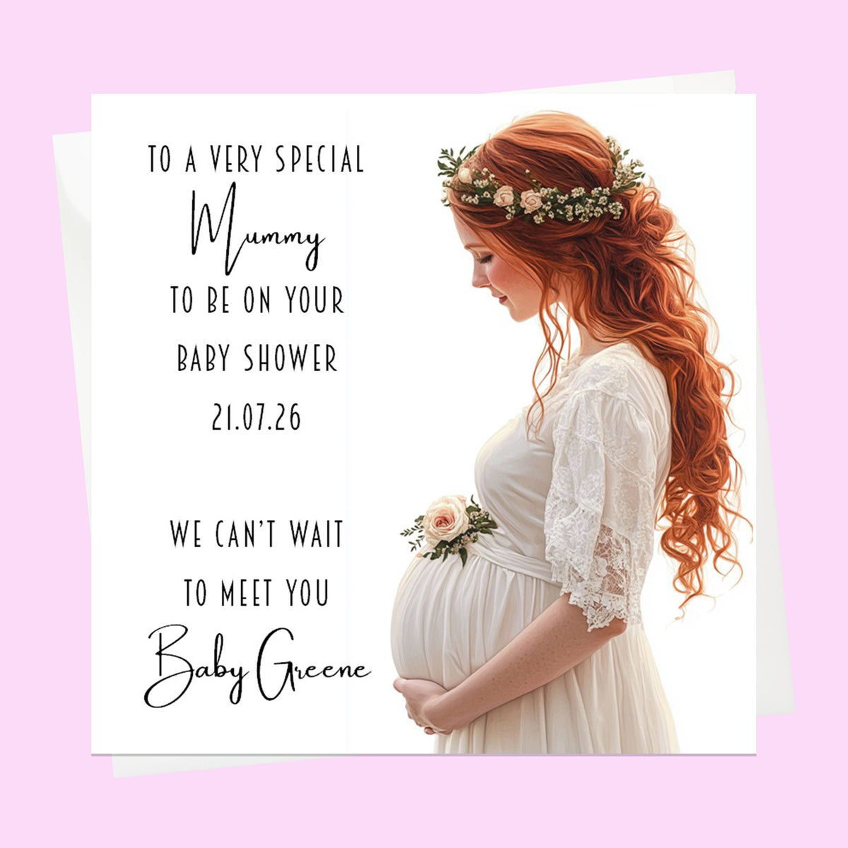 Personalised Baby Shower Card - Mum to Be in a White Dress - Ginger Hair