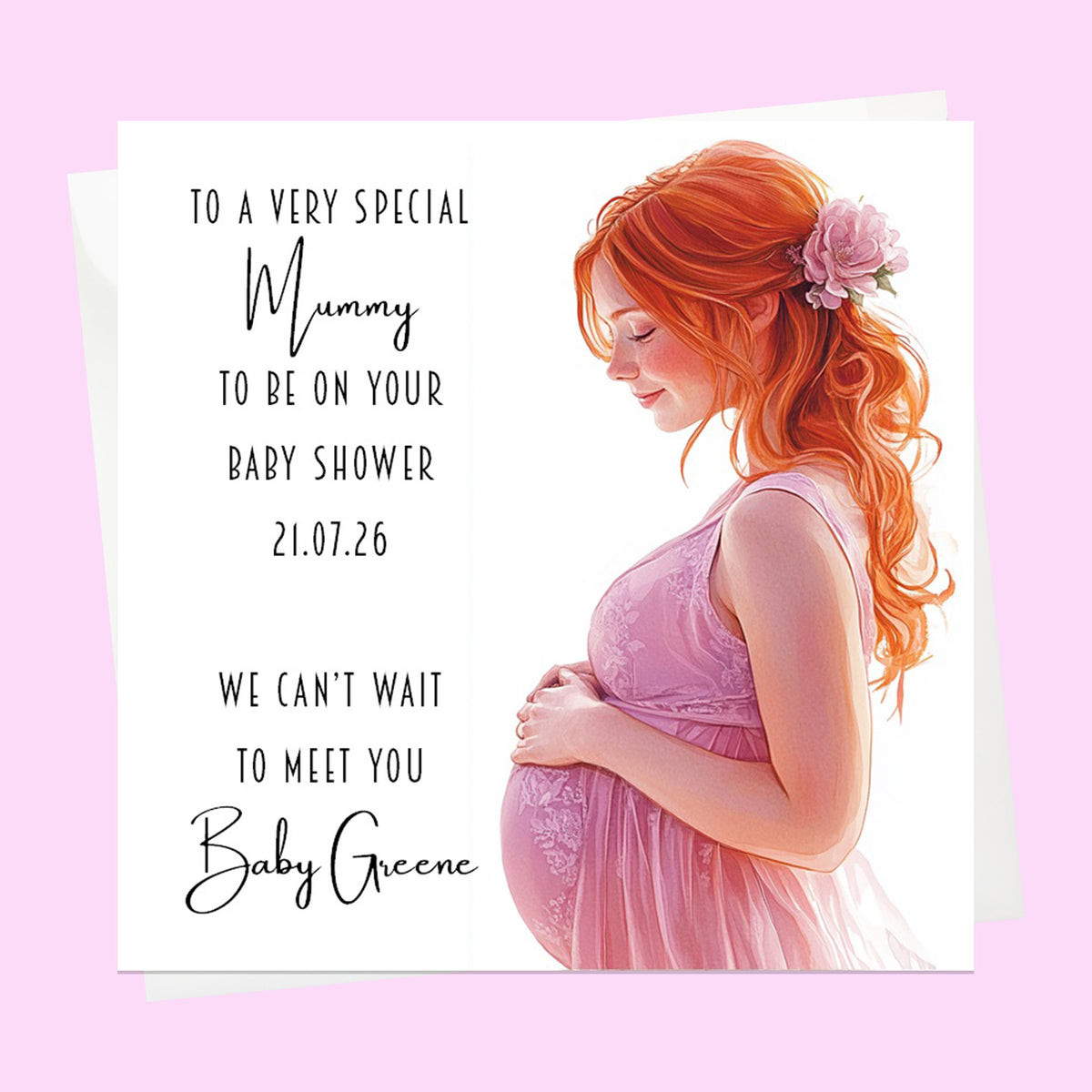 Personalised Baby Shower Card - Mum to Be in a Pink Dress - Ginger Hair