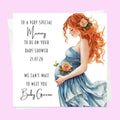 Personalised Baby Shower Card - Mum to Be in a Blue Dress - Ginger Hair