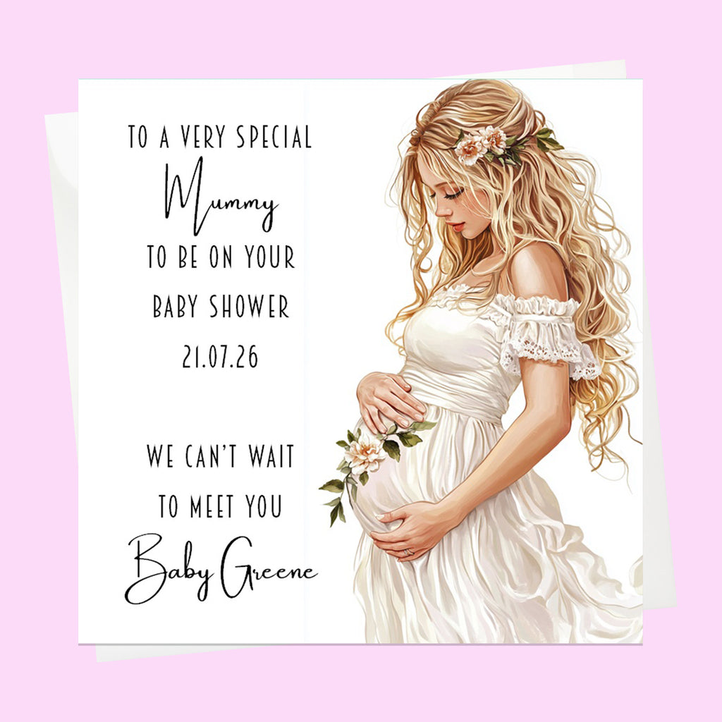 Personalised Baby Shower Card - Mum to Be in a White Dress - Blonde Hair