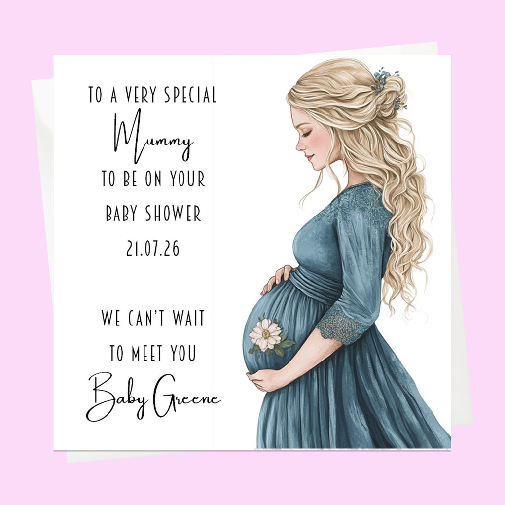 Personalised Baby Shower Card - Mum to Be in a Blue Dress - Blonde Hair
