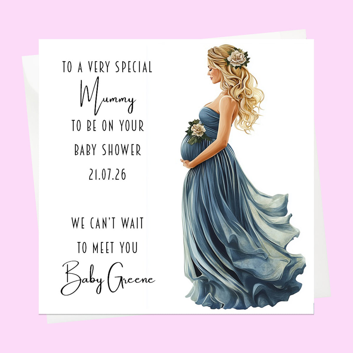 Personalised Baby Shower Card - Mum to Be in a Blue Dress - Blonde Hair