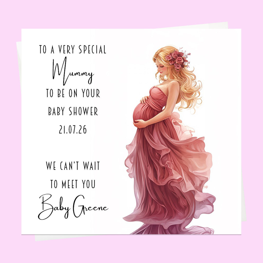 Personalised Baby Shower Card - Mum to Be in a Pink Dress - Blonde Hair