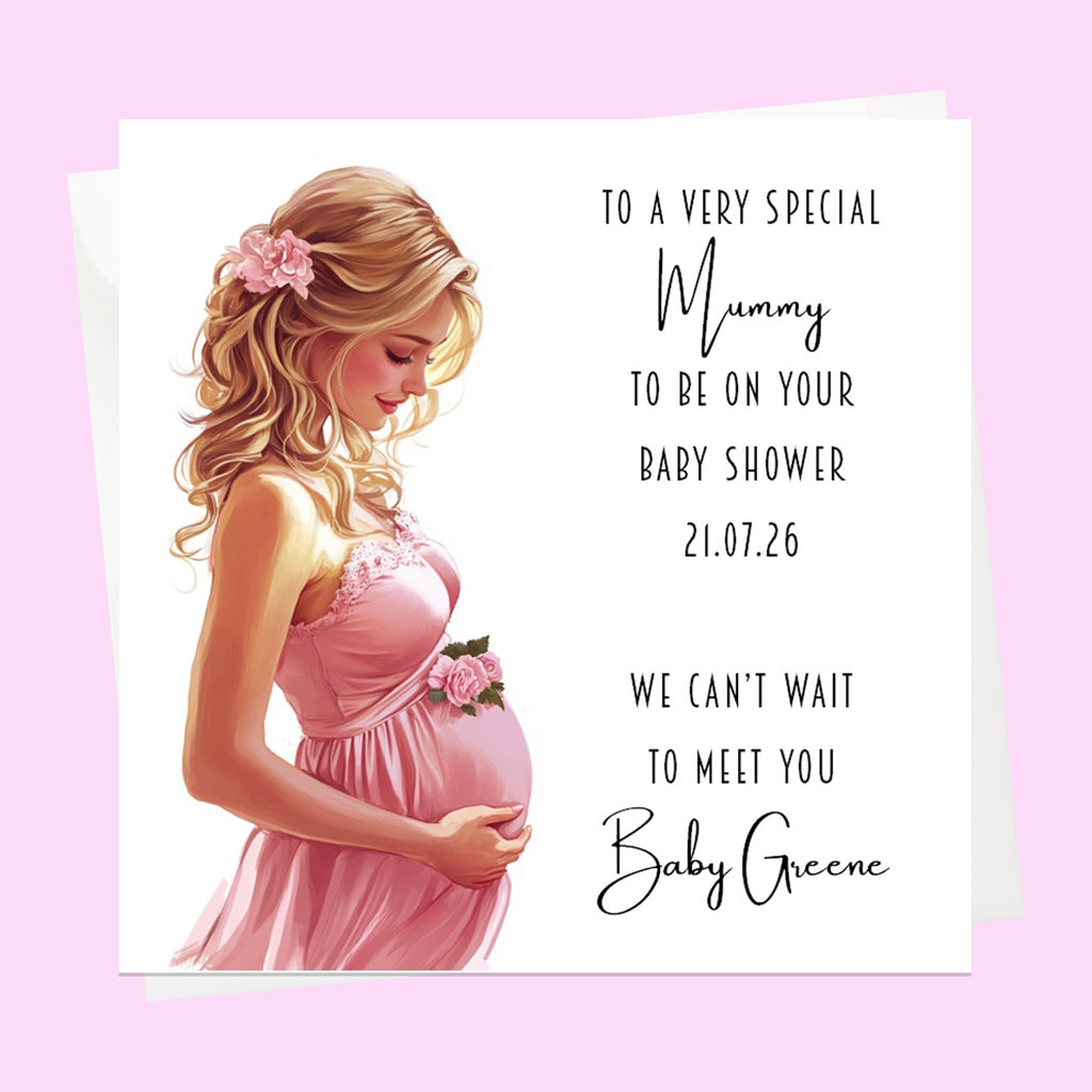 Personalised Baby Shower Card - Mum to Be in a Pink Dress - Blonde Hair