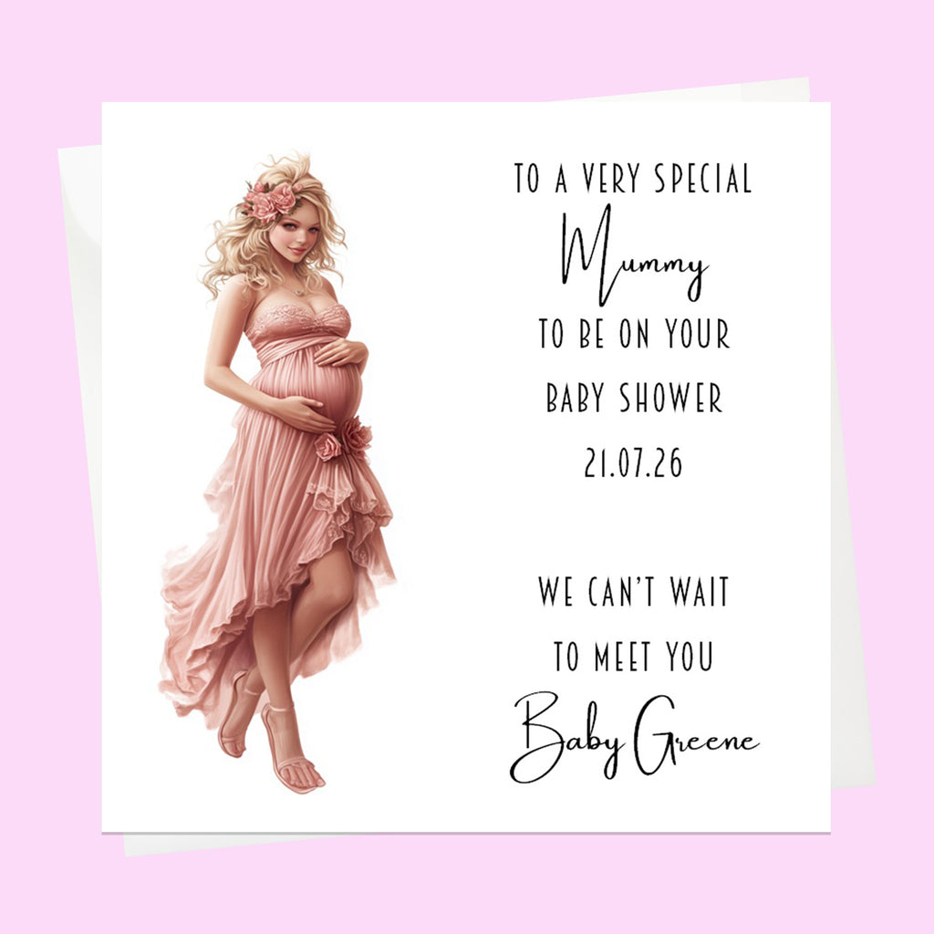 Personalised Baby Shower Card - Mum to Be in a Pink Dress - Blonde Hair