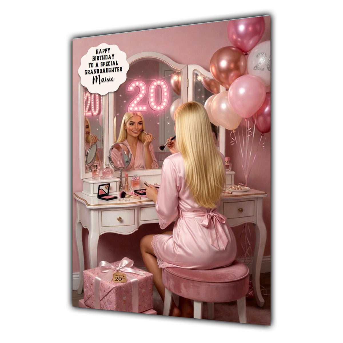 Personalised 20th Birthday Card - Girl at a Dressing Table - Blonde Hair