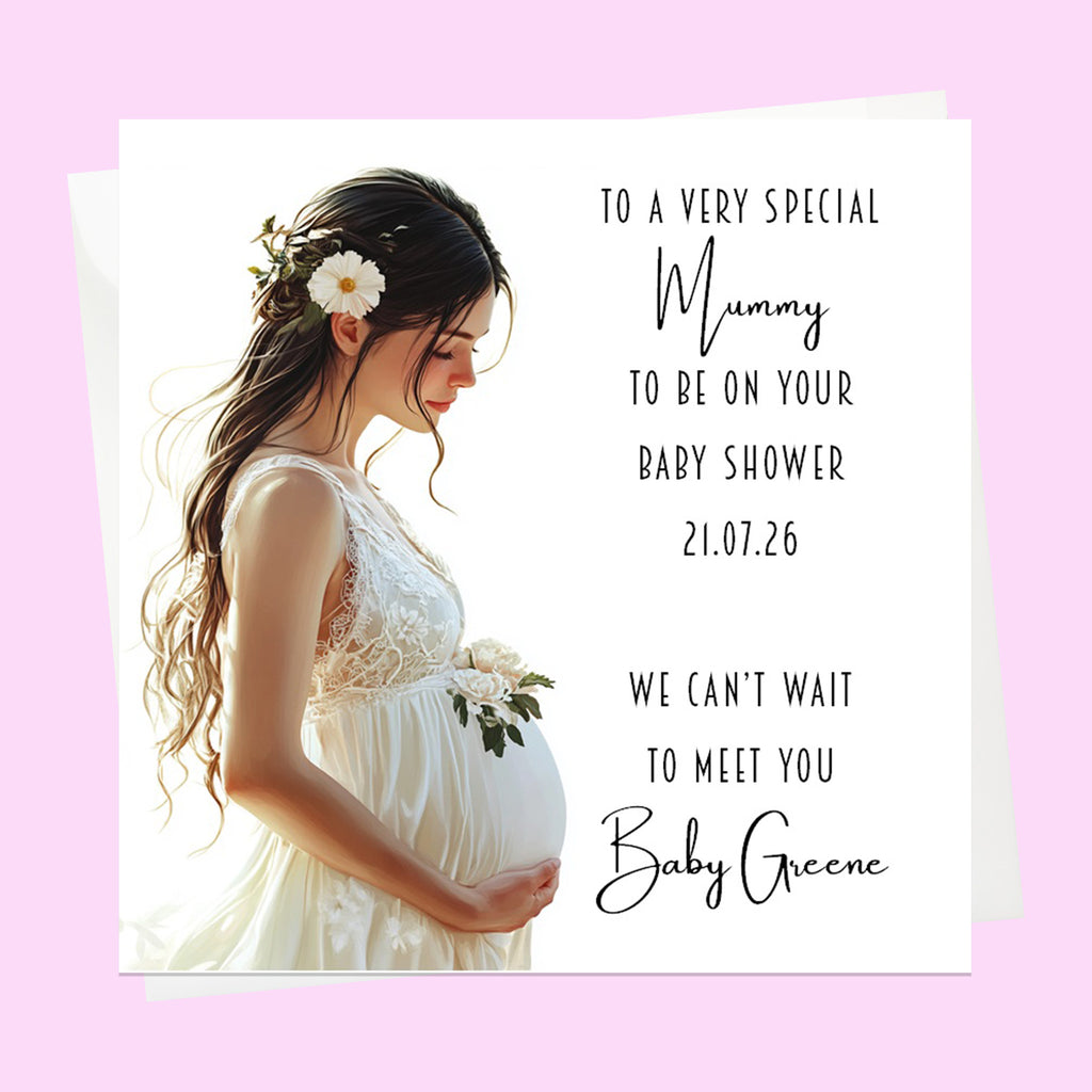 Personalised Baby Shower Card - Mum to Be in a White Dress - Dark Hair