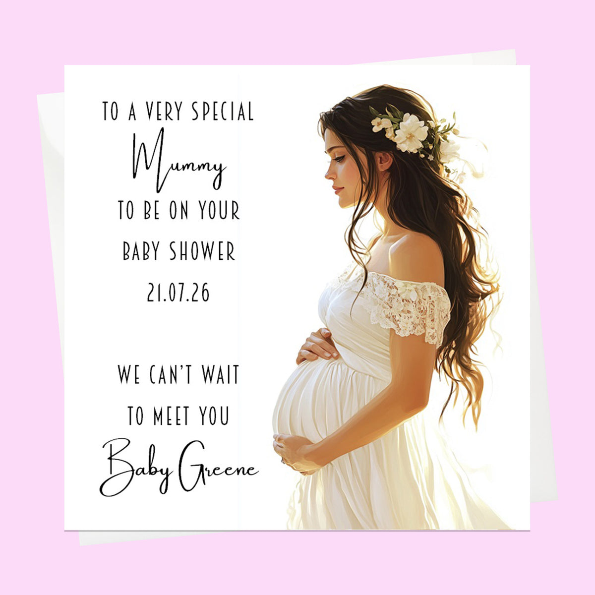 Personalised Baby Shower Card - Mum to Be in a White Dress - Dark Hair