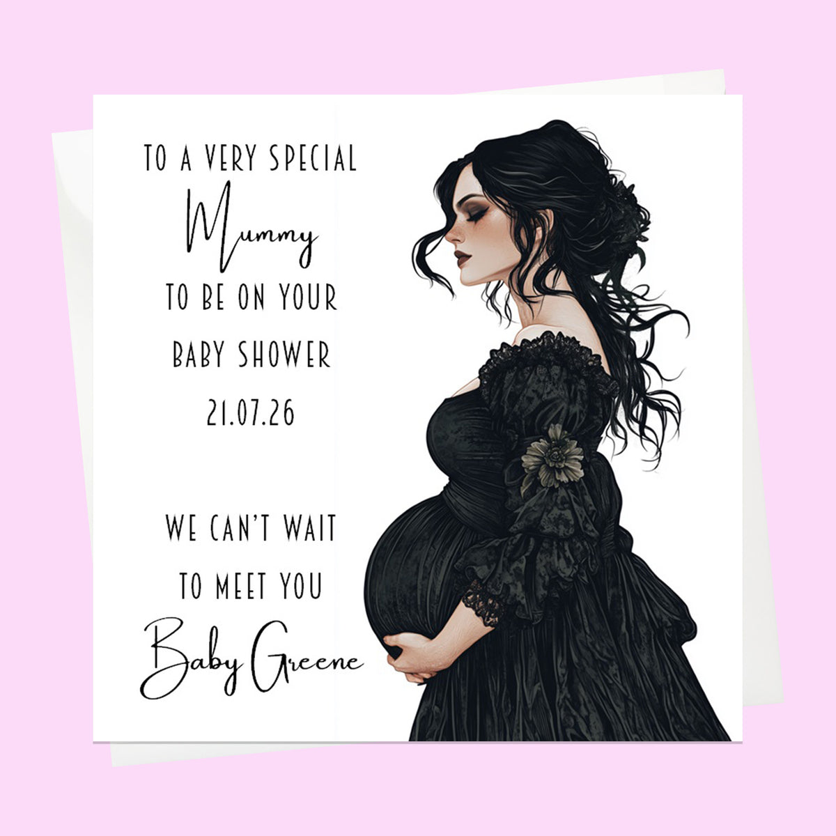 Personalised Baby Shower Card - Mum to Be in a Black Dress - Dark Hair