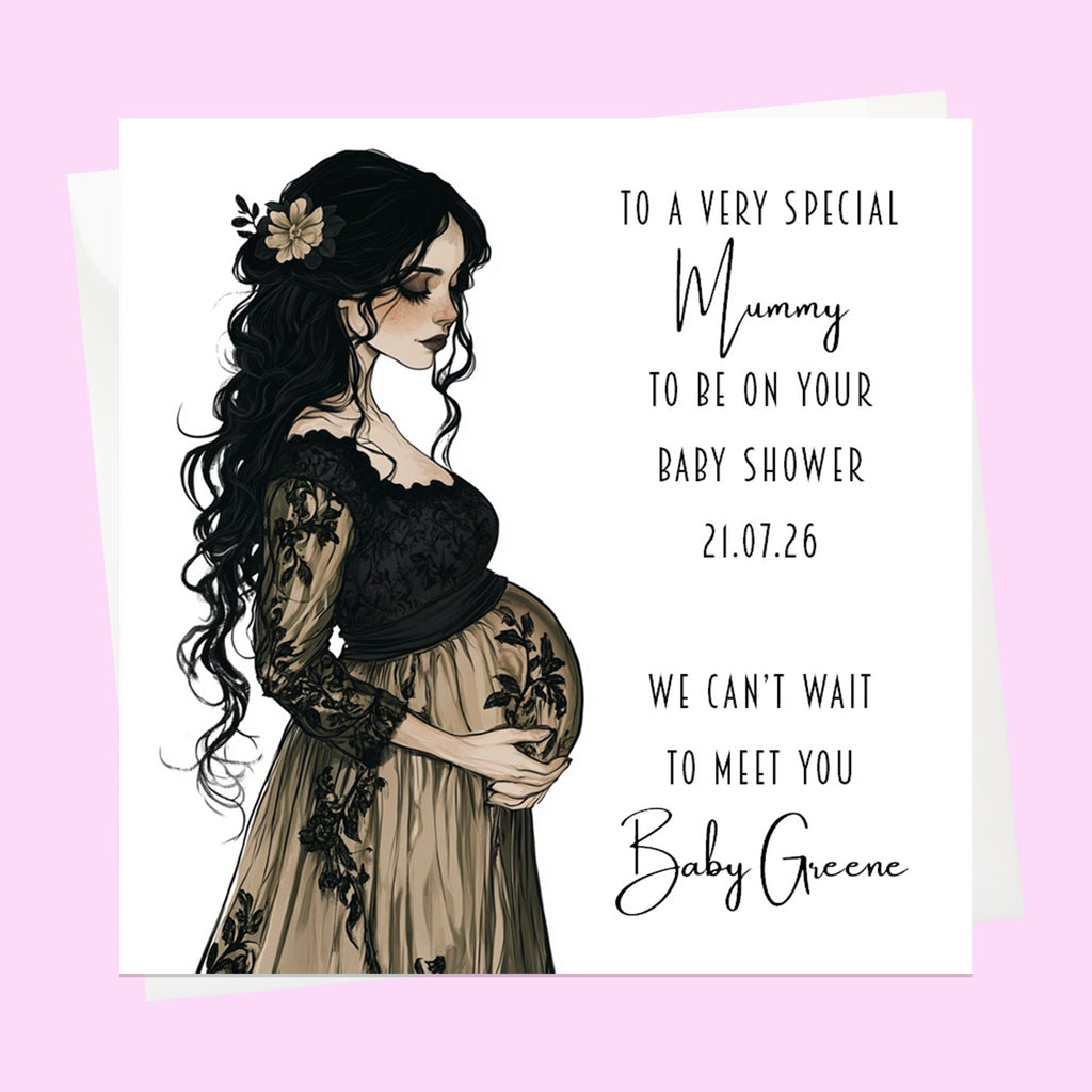 Personalised Baby Shower Card - Mum to Be in a Black Dress - Dark Hair
