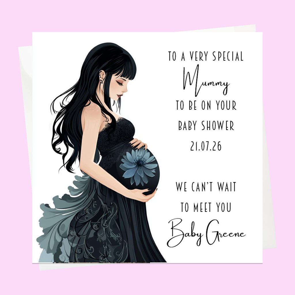 Personalised Baby Shower Card - Mum to Be in a Black Dress - Dark Hair