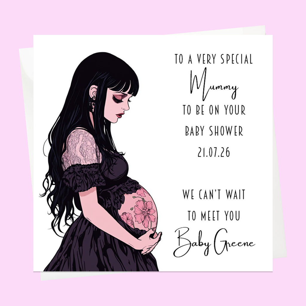 Personalised Baby Shower Card - Mum to Be in a Black Dress - Dark Hair