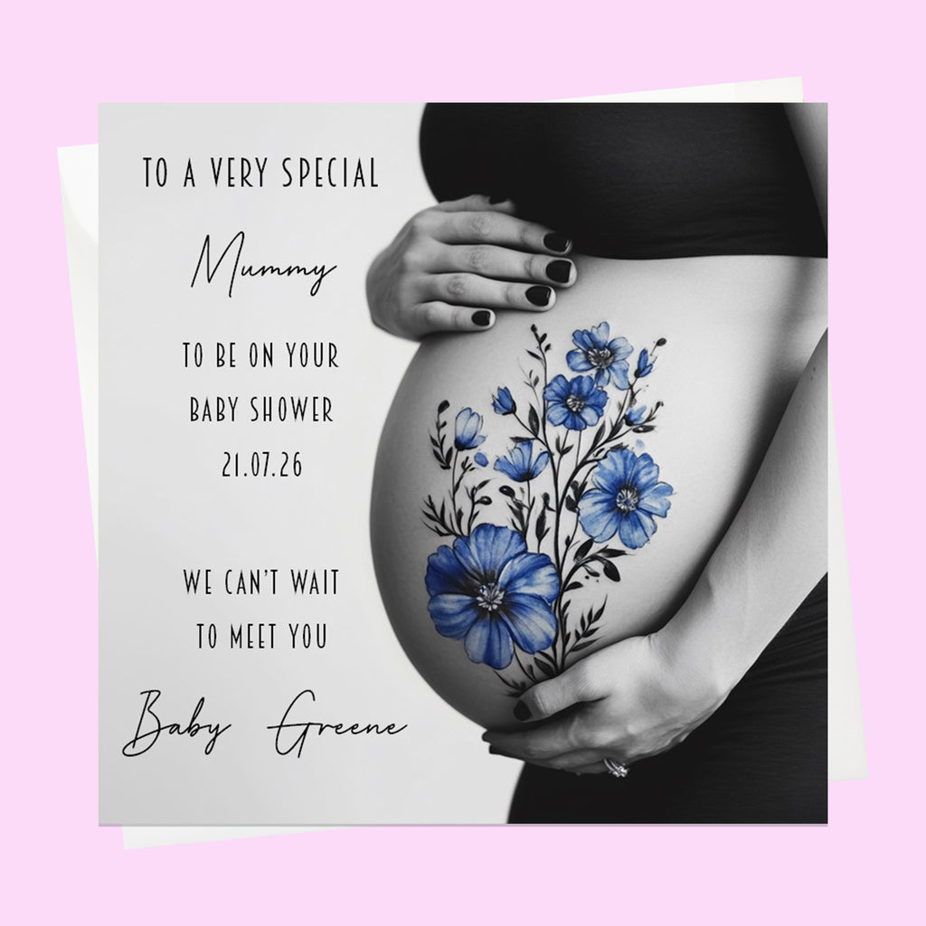 Personalised Baby Shower Card - Pregnancy Bump with Blue Flowers