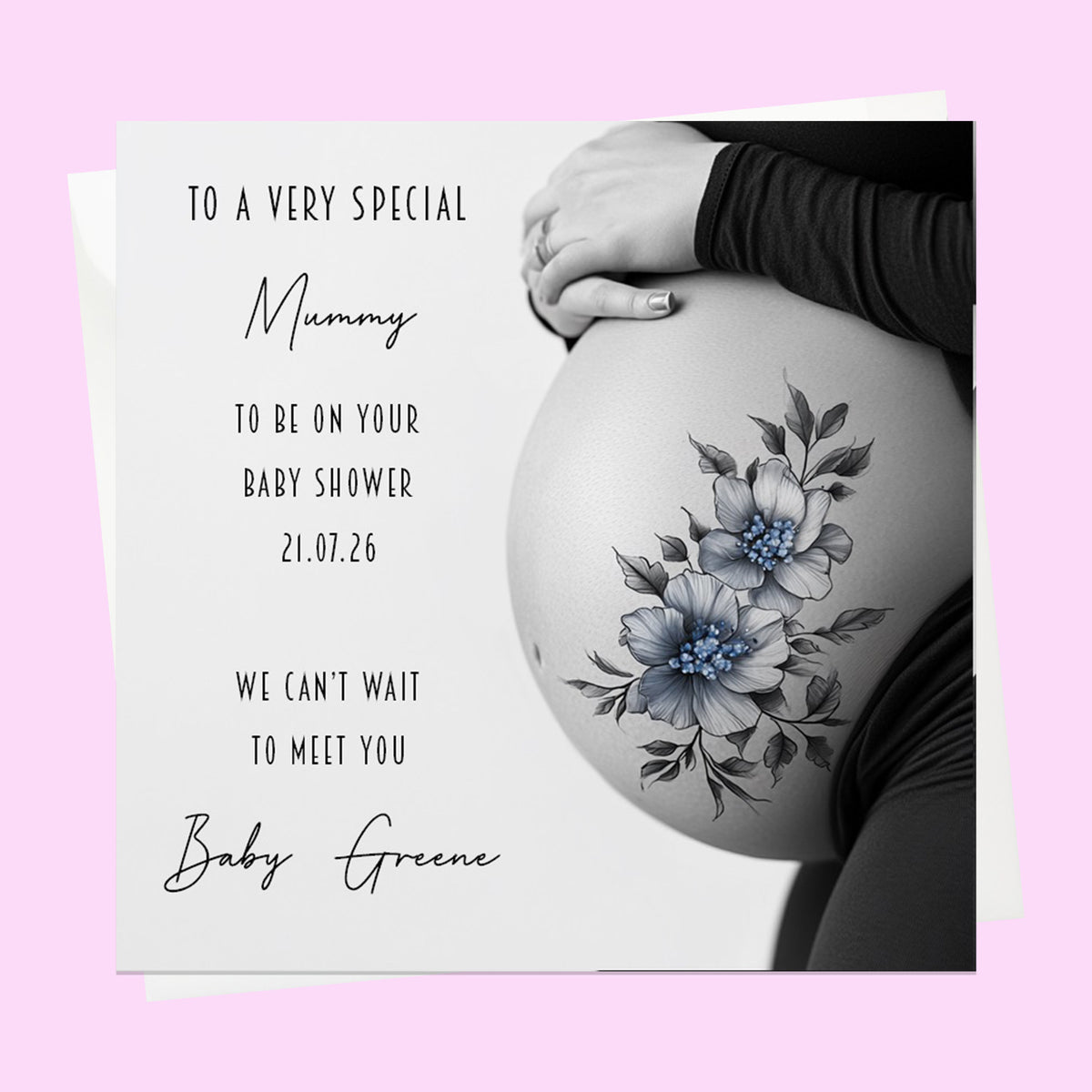 Personalised Baby Shower Card - Pregnancy Bump with Blue Flowers