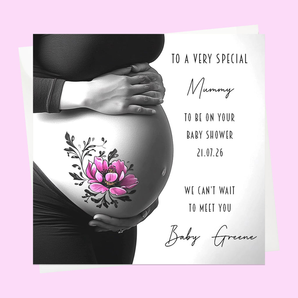Personalised Baby Shower Card - Pregnancy Bump with Pink Flowers