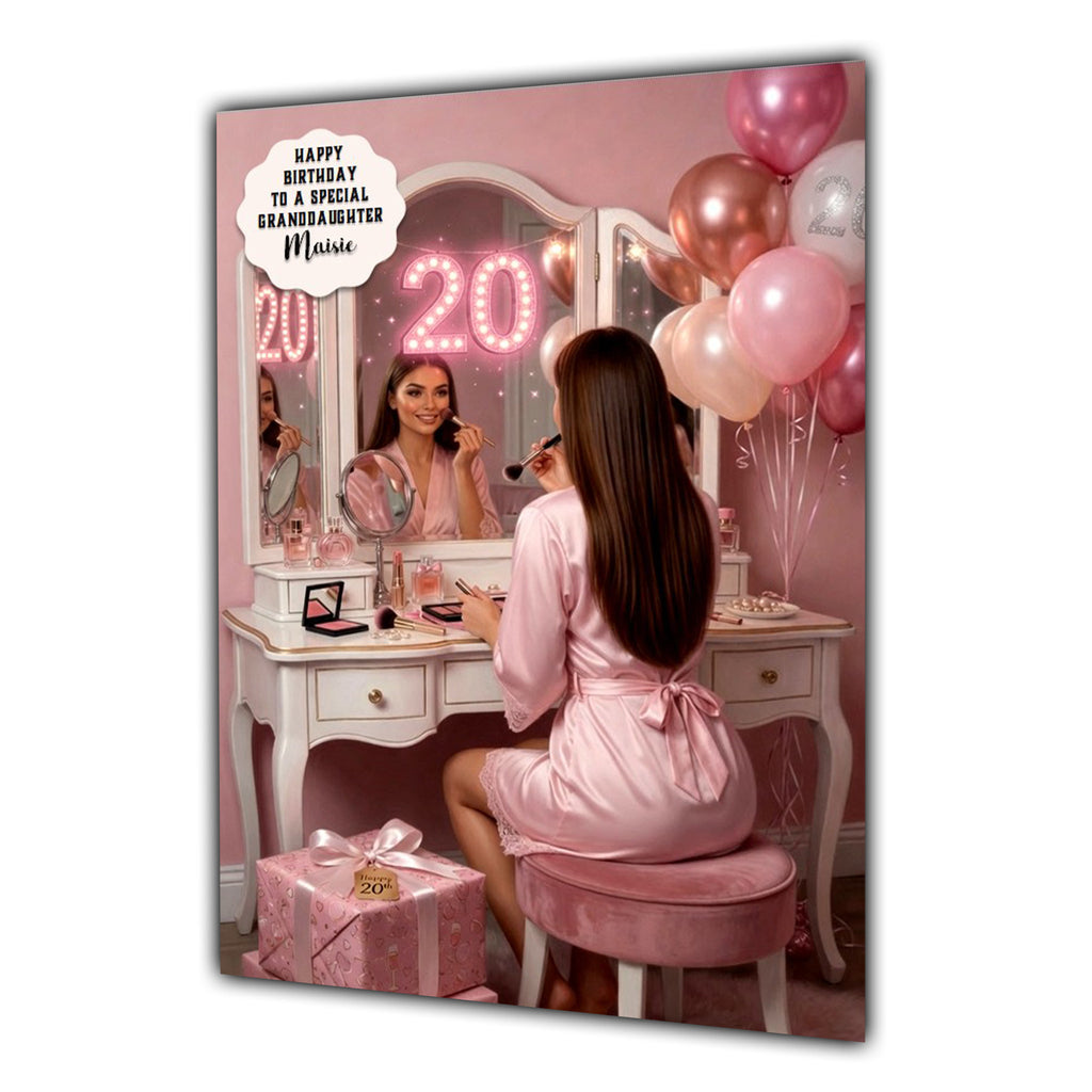 Personalised 20th Birthday Card - Girl at a Dressing Table - Brown Hair