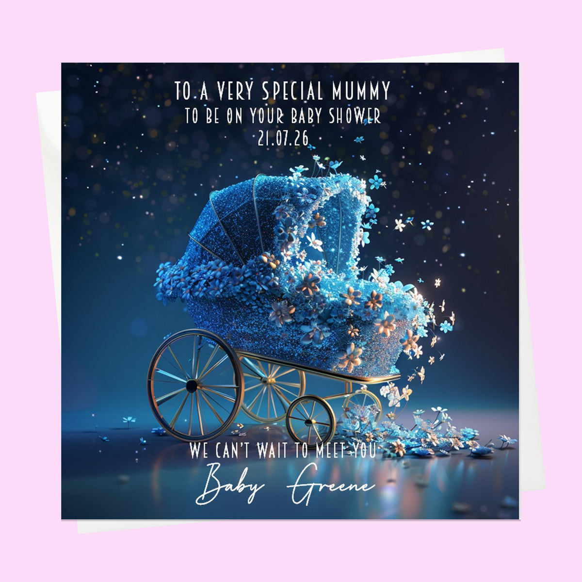 Personalised Baby Shower Card - Blue Floral Pram