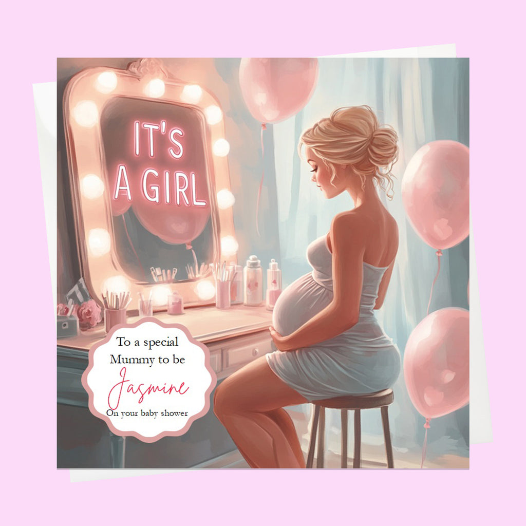 Personalised Baby Shower Card - Mum to Be at a Dressing Table - It's a Girl