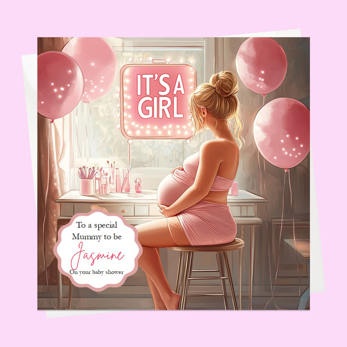 Personalised Baby Shower Card - Mum to Be at a Dressing Table - It's a Girl