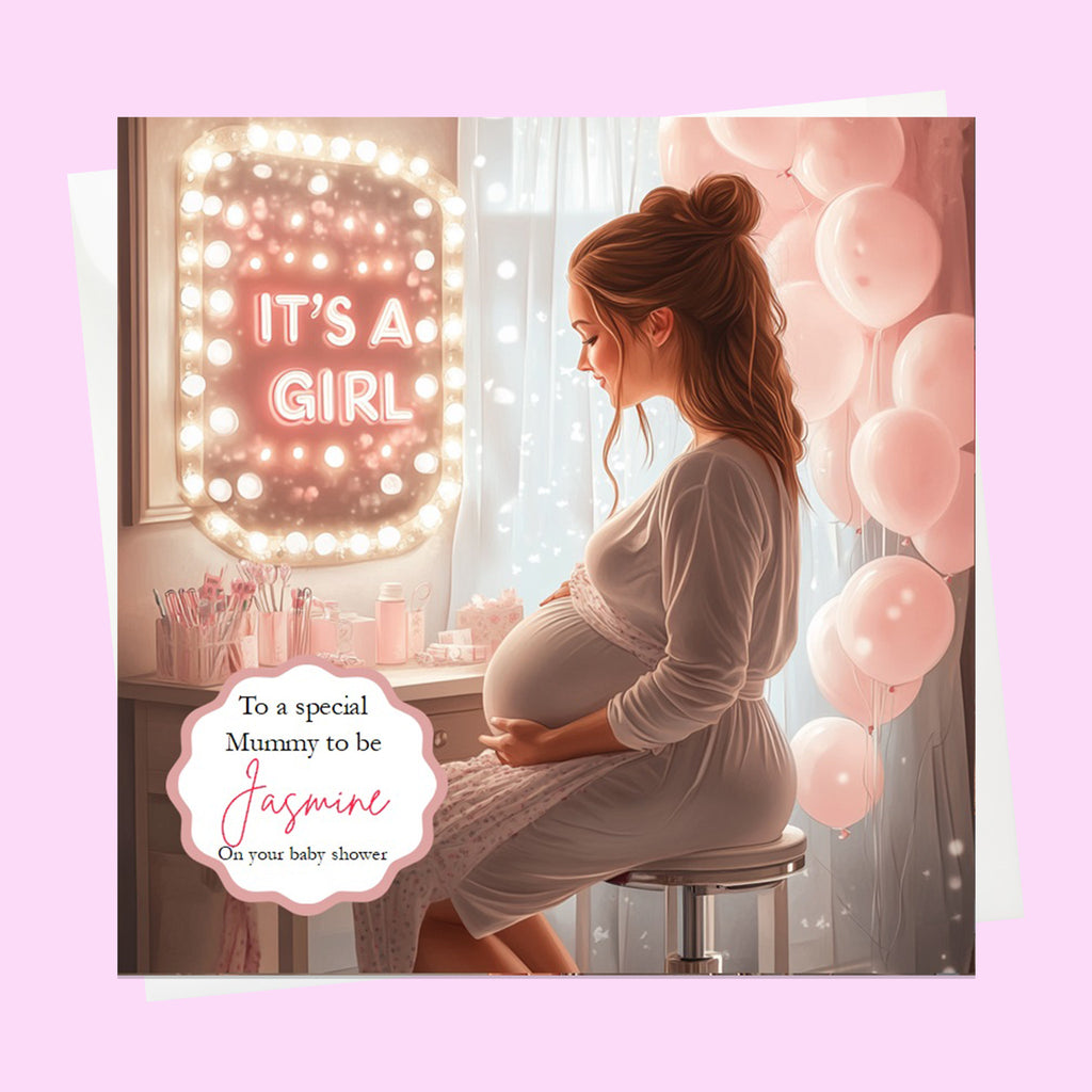 Personalised Baby Shower Card - Mum to Be at a Dressing Table - It's a Girl