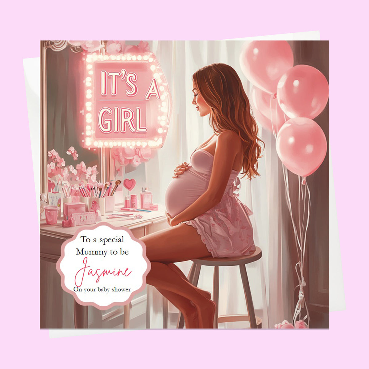 Personalised Baby Shower Card - Mum to Be at a Dressing Table - It's a Girl