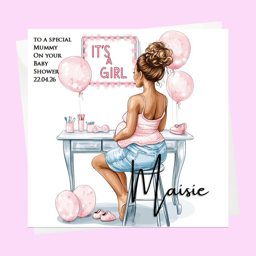 Personalised Baby Shower Card - Mum to Be at a Dressing Table - It's a Girl