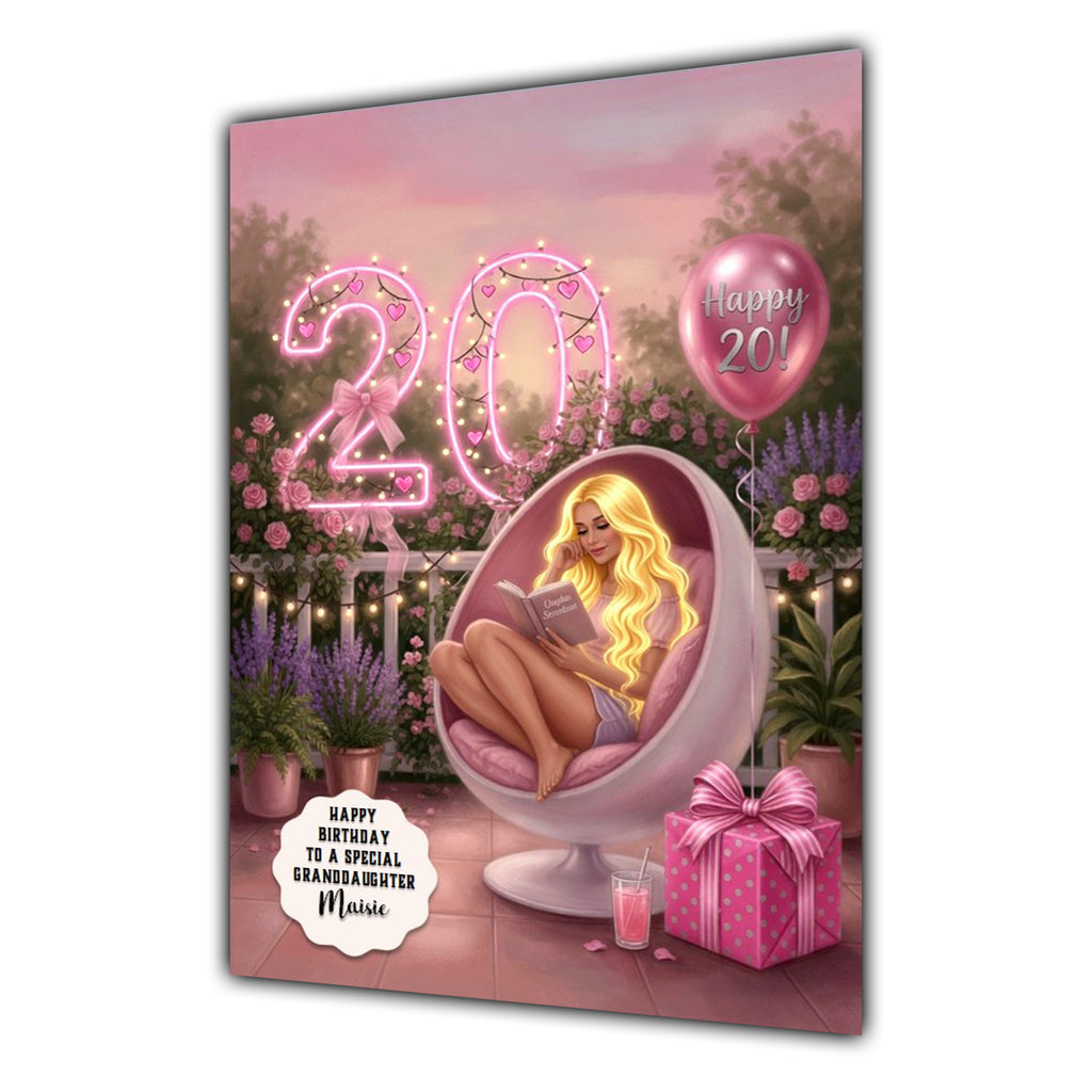 Personalised 20th Birthday Card - Woman Reading in a Garden Chair - Blonde Hair